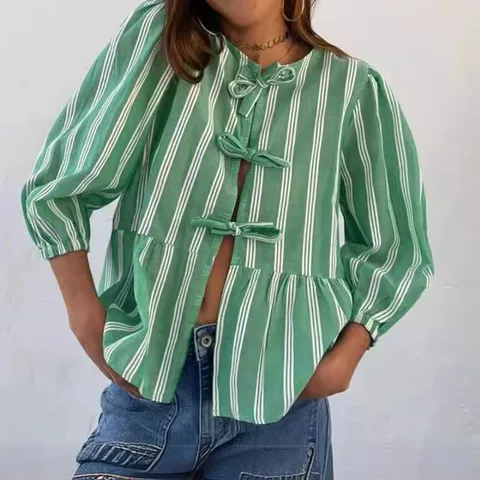 Women's Blouse 3/4 Length Sleeve Blouses Hollow Out Casual Streetwear Stripe