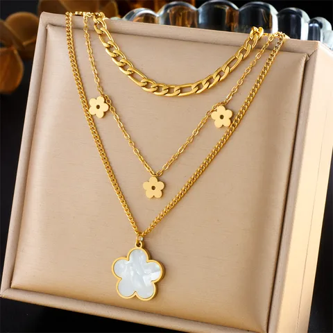 Wholesale Jewelry French Style Sweet Flower 304 Stainless Steel Shell 18K Gold Plated Layered Inlay Three Layer Necklace