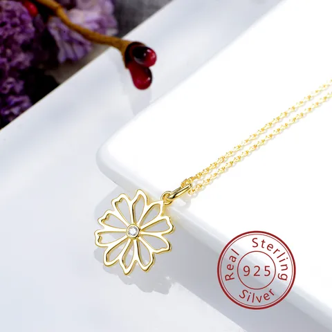 Sterling Silver Gold Plated Plating Inlay Flower Zircon Pendant Necklace