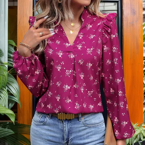 Women's Blouse Long Sleeve Blouses Printing Ruffles Elegant Streetwear Flower