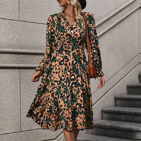 Women's Swing Dress Elegant Streetwear V Neck Printing Ruffles Long Sleeve Leopard Midi Dress Holiday Daily