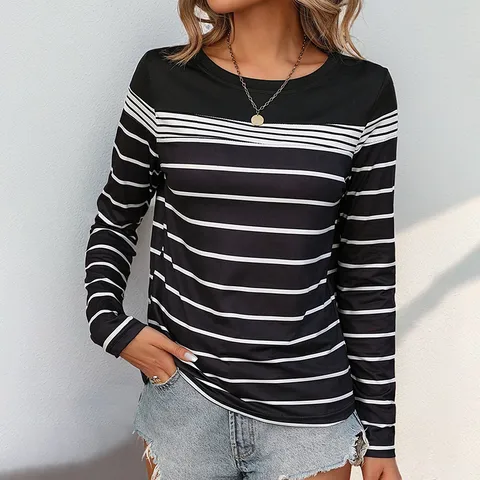 Women's T-shirt Long Sleeve T-Shirts Printing Contrast Binding Casual Stripe