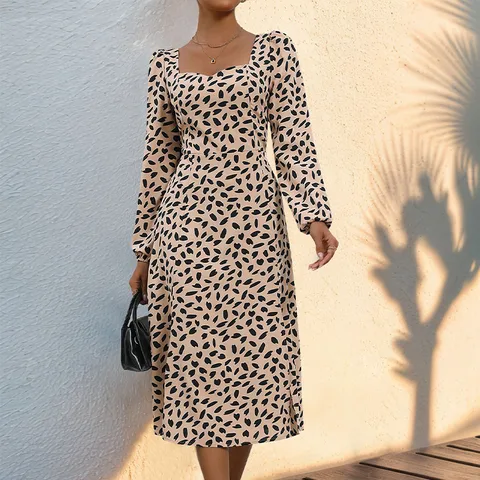 Women's Regular Dress Elegant Streetwear Square Neck Printing Long Sleeve Leopard Midi Dress Holiday Daily