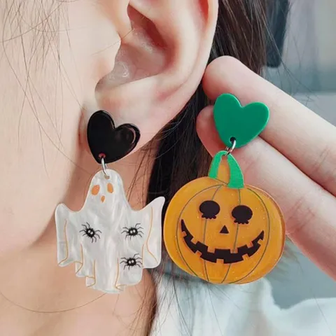 1 Pair Cute Funny Pumpkin Skull Arylic Drop Earrings