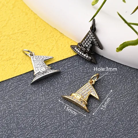 1 Pc/Package 15x15mm Hole 3~3.9mm Copper Zircon 18K Gold Plated Swimming Black White Gold Plated Halloween Pattern Wizard's Hat Magic Hat Polished Pendant