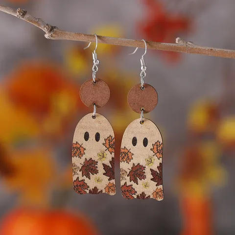 1 Pair Retro Geometric Printing Wood Drop Earrings