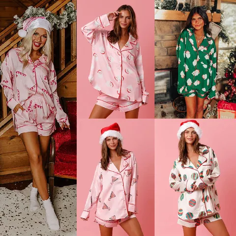 Home Women's Casual Cute Santa Claus Polyester Shorts Sets Pajama Sets