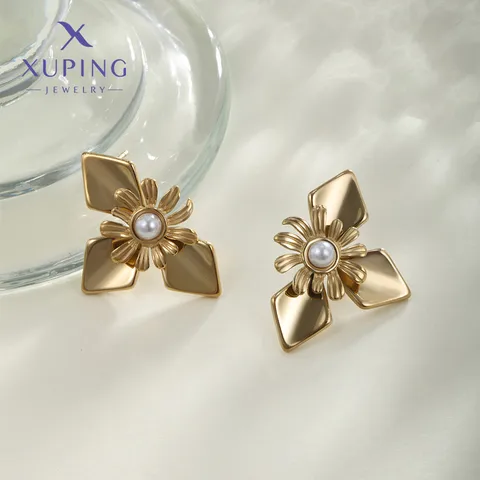 1 Pair XUPING IG Style Flower Inlay 304 Stainless Steel Artificial Pearls 18K Gold Plated Ear Studs