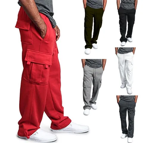 New Men's Multi-pocket Overalls Autumn And Winter Brushed Casual Ankle-tied Trousers Men