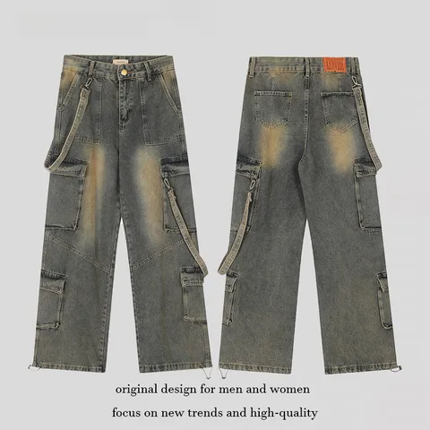 American Retro Multi-pocket Workwear Jeans Men's And Women's  Fashion Brand Loose Washed Old Straight Wide-leg Trousers