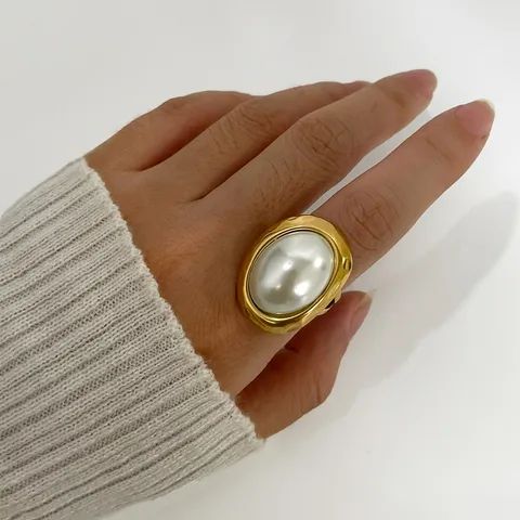 Chinoiserie Retro French Style Geometric 316L Stainless Steel  Imitation Pearl 18K Gold Plated Women's Open Rings