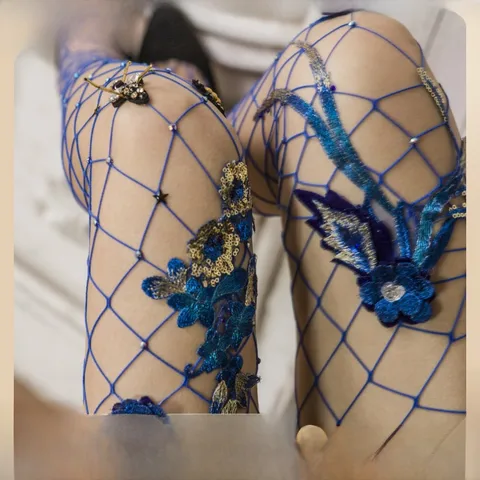 Sexy Hot Drilling Blue Flower Grid Socks Fishnet Socks Large Mesh Small Mesh Pantyhose