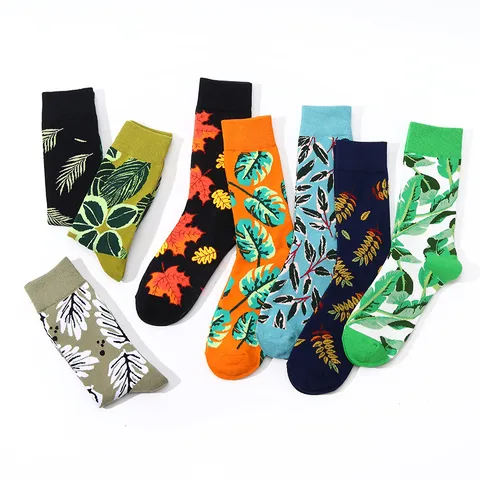 Unisex Pastoral Classic Style Leaf Cotton Crew Socks 10 Pairs Per Pack