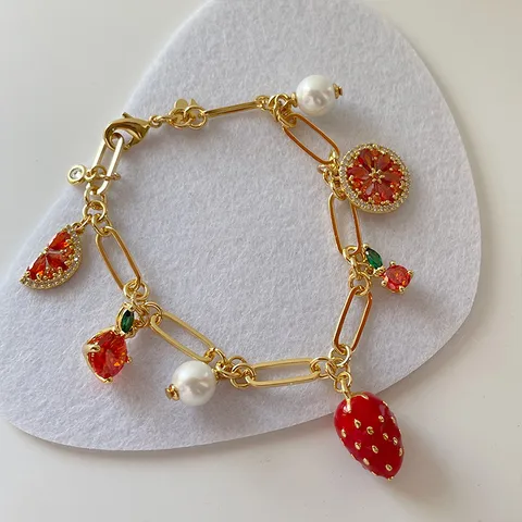 Brass Pearl Inlay Orange Strawberry Zircon Bracelets