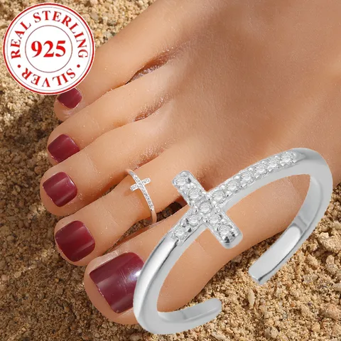 Beach Foot Ring S925 Sterling Silver Gang Drill Cross Women's Fashion Simple Opening Toe Ring