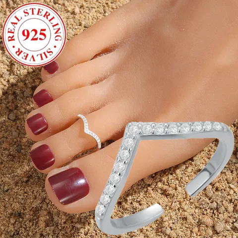 Foot Ring Open Toe Ring S925 Sterling Silver Gang Drill V-Shaped Toe Ring Female Opening Adjustable Trend Creative Fashion