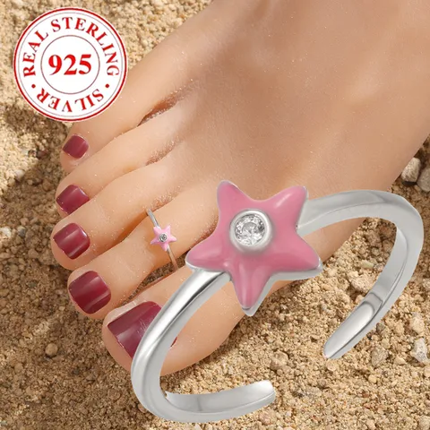 Summer Beach Foot Ring S925 Sterling Silver Pink Epoxy Five-Pointed Star Women's Opening Toe Ring Vacation Style