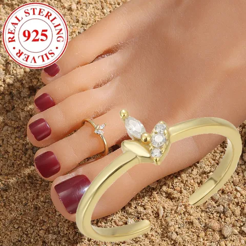 Summer Beach Foot Ring S925 Sterling Silver Maple Leaf Inlaid Zircon Women's Opening Toe Ring Light Luxury Temperament