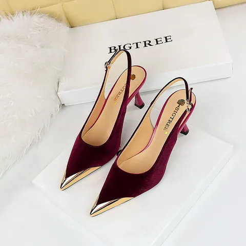 3716-6  Fashion Banquet Women's Shoes Wine Cup Heel High Heel Suede Metal Pointed Hollow Back Strap Women's Shoes