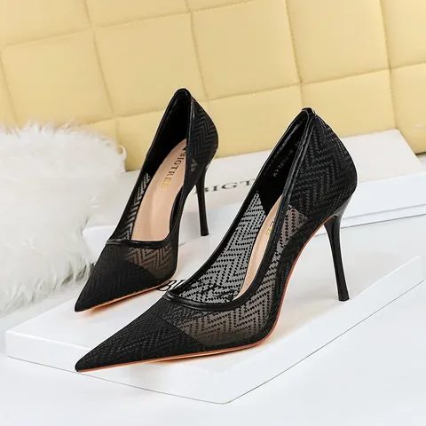 1963-3  Fashion High Heels Women's Shoes Stiletto High Heel Shallow Mouth Pointed Sexy Mesh Hollow Lace Shoes