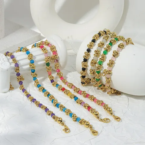 Wholesale Jewelry Retro Round 304 Stainless Steel Crystal Gold Plated Beaded Plating Bracelets