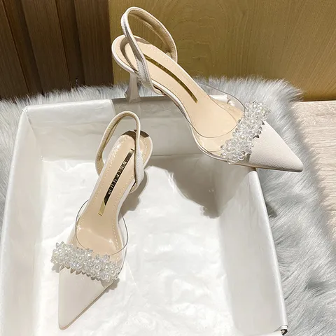 Covered Toe Sandals Women's Spring And Summer  New French Transparent Pointed Small Heel White High Heels Stiletto Heel Shoes