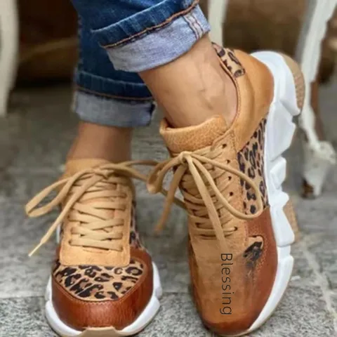 Spring And Autumn New Plus Size Leopard Print Casual Shoes Women's Flat Lace-up Sports Casual Shoes Wish