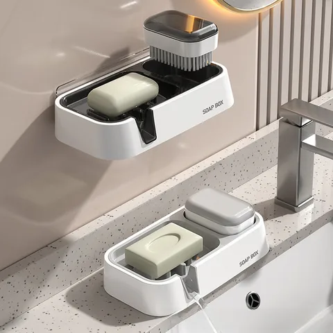 Soap Box Household Wall-mounted Non-water Storage Bathroom Punch-free Hanging Draining Soap Rack Cleaning Brush Two-in-one