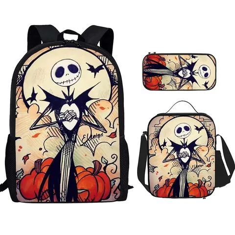 Christmas Night Cry Printing Animation Surrounding Pupils Wear-resistant Schoolbag Meal Bag Pencil Bag Three-piece Set Wholesale