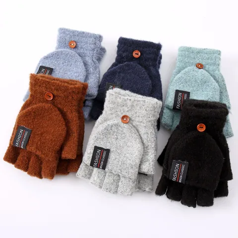 Winter New Knitted Flip Half Finger Gloves Men's Reverse Cover Warm Gloves Thickened Covered Gloves Manufacturers Wholesale