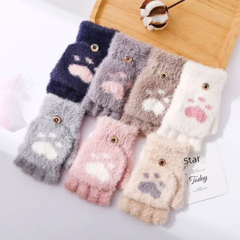 New Cute Cartoon Cat Claw Gloves Wholesale Winter Warm Plus Velvet Padded Half Finger Flip Women's Knitted Gloves