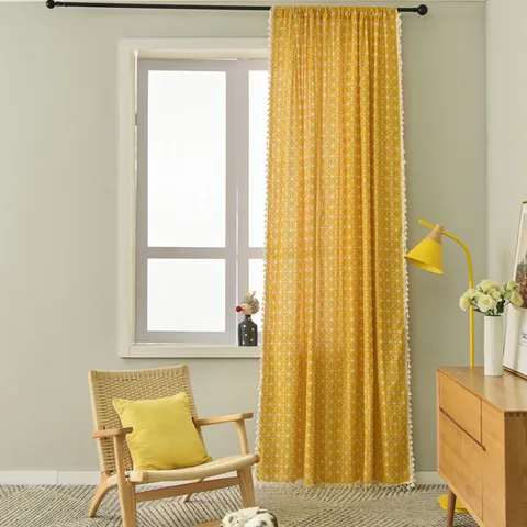 Nordic Simple Geometric Cotton And Linen Tassel Finished Curtain Fabric Bedroom Non-perforated  Curtain Finished Home Wholesale