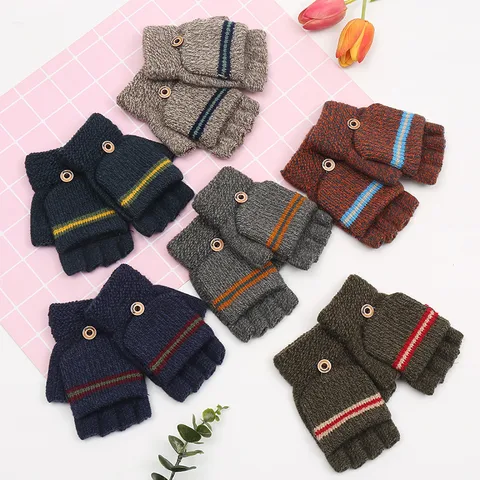 Korean Version Of The New Trend Men's Children's Striped Half Finger Flip Gloves Winter Travel Warm Factory Wholesale