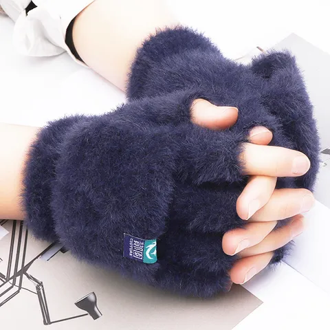 Men's And Women's Thickened Flip Faux Mink Wool Nylon Cold-proof Gloves Plush Gloves Autumn And Winter Warm Gloves With Exposed Fingers