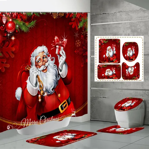 Cute Santa Claus Polyester Floor Mat Shower Curtain Toilet Mat Bathing