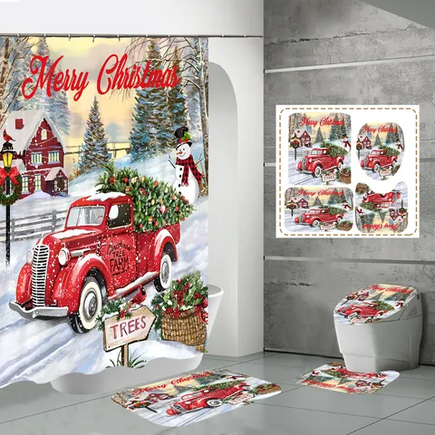 Cute Santa Claus Car Snowman Polyester Floor Mat Shower Curtain Toilet Mat Bathing