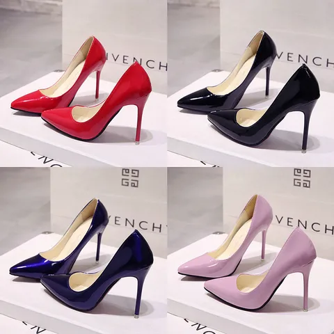 European Station Nude Stiletto Heels Pointed Black Work Shoes Women's Patent Leather Blue Large Size Shoes Red Wedding Shoes