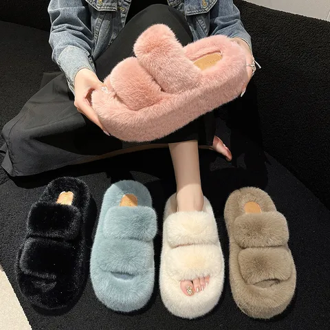 7cm Thick-soled Mao Mao Slippers Women's Outer Wear  New Autumn And Winter Flat-soled Warm Cotton Slippers