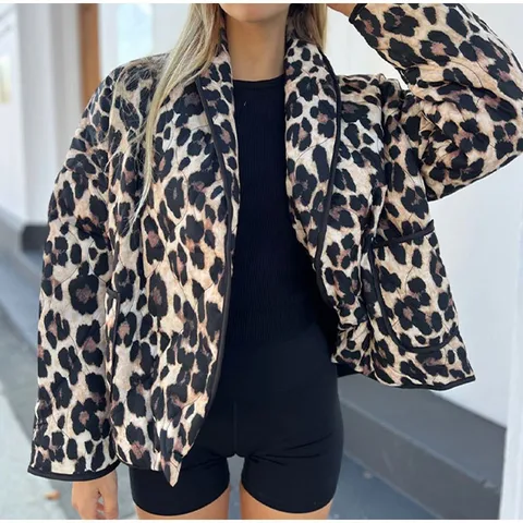 Women's Streetwear Leopard Printing Pocket Single Breasted Coat Cotton Clothes