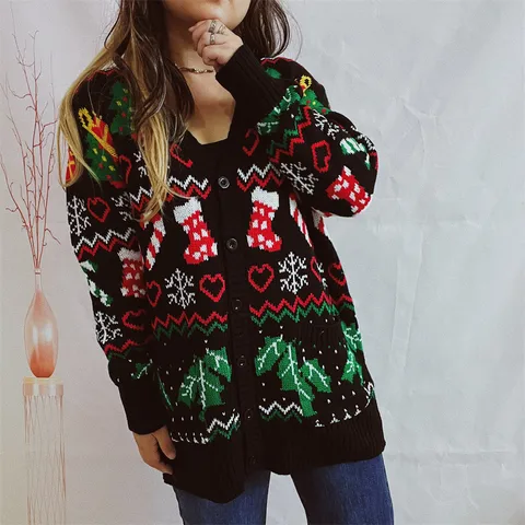 Women's Cardigan Sweater Long Sleeve Sweaters & Cardigans Jacquard Streetwear Christmas Tree