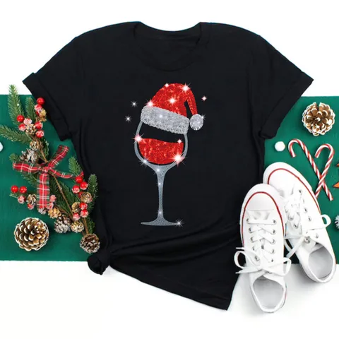 Women's T-shirt Short Sleeve T-Shirts Streetwear Christmas Tree Wine Glass