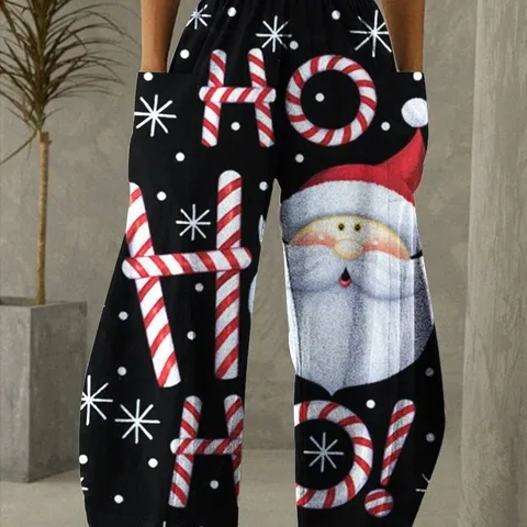 Women's Festival Streetwear Santa Claus Snowflake Full Length Casual Pants