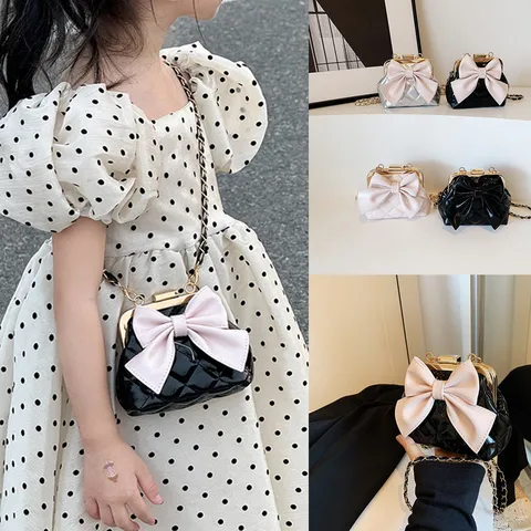 Children's Bag Girls' Fashion Retro Clip Chain Crossbody Bag  Style Bow Princess Baby Accessories Bag