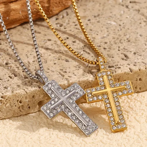 Wholesale Jewelry Casual IG Style Cross 304 Stainless Steel Titanium Steel Zircon 18K Gold Plated Inlay Pendant Necklace