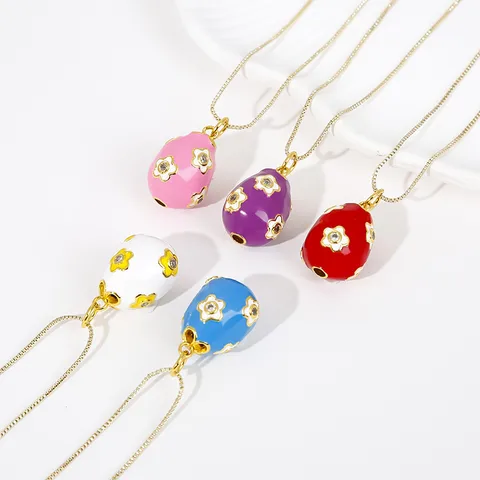 Copper Enamel Inlay Flower Zircon Pendant Necklace