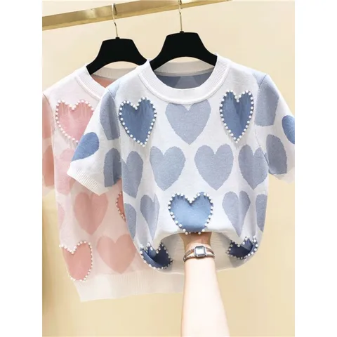 Women's Knitwear Short Sleeve T-Shirts Beaded Heart Casual Simple Style Heart Shape