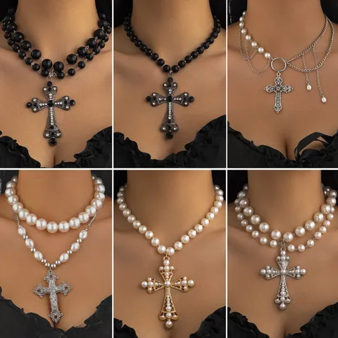 Simple Style Classic Style Cross Imitation Pearl Alloy Wholesale Pendant Necklace