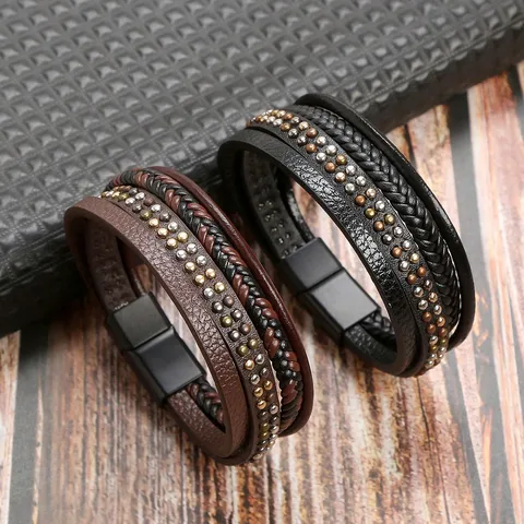 Casual Simple Style Commute Geometric 304 Stainless Steel Pu Leather Men's Bracelets