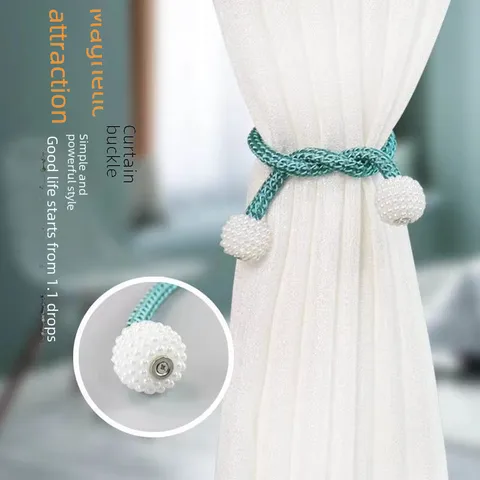 Curtain Strap A Pair Of Binding Rope Curtain Buckle Ring Buckle Binding Decoration Bed Curtain Storage Rope Magnetic Suction Pearl Punch-Free Binding