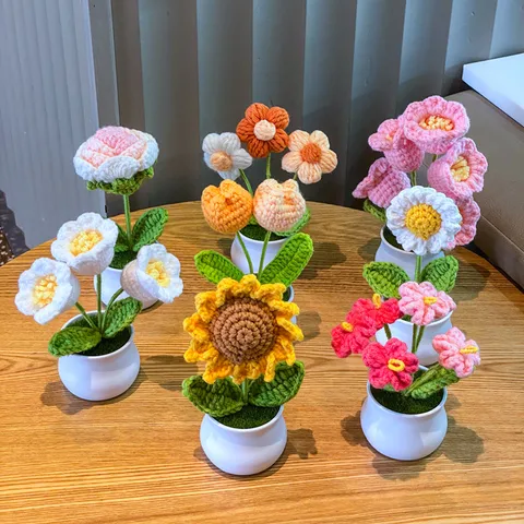 Finished Hand-woven Lily Pot Home Decoration Knitted Artificial Flower Wool Crocheted Sunflower Bouquet Gift